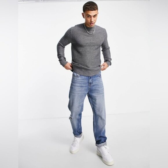 Selected Homme Men's twisted knit LS crew sweater jumper heather grey charcoal M - Picture 3 of 7